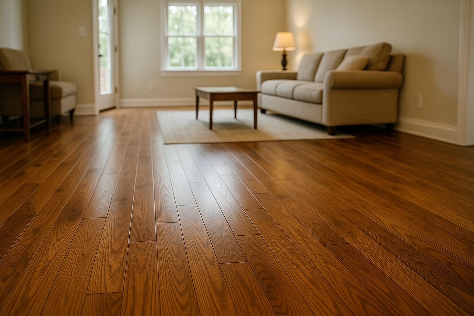Newly installed medium-brown solid hardwood floor in a bright living room, natural daylight, straight clean seams